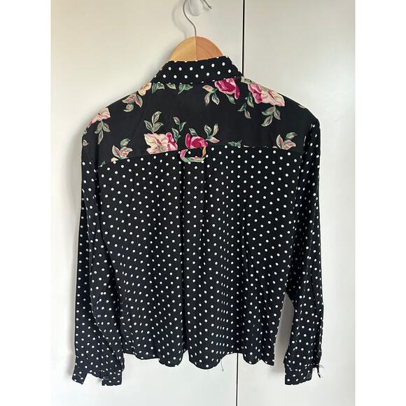 Vintage 90s Polka Dot blouse Size Small Floral mixed Print Cropped Rayon - Picture 5 of 5